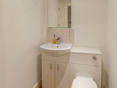 A bathroom sink with a cabinet and a mirror above and a toilet at Mill House in Lowick