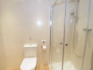 A bathroom with a toilet and a glass enclosed shower at Bryn Y Don Cottage in Benllech