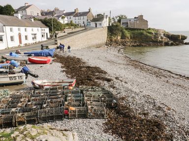 A pebble beach with fishing traps boats and houses near the shoreline at Bryn Y Don Cottage in Benllech