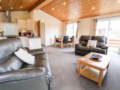 A living room with two leather sofas a wooden coffee table and a dining table with chairs at Callow Lodge 5 in Beaconsfield Holiday Park