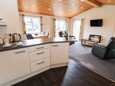 An open plan kitchen and living room with a wooden ceiling carpeted seating area and a dining table by windows at Callow Lodge 5 in Beaconsfield Holiday Park