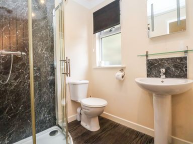 A bathroom with a glass shower enclosure toilet sink and a window with a blind at Callow Lodge 5 Beaconsfield Holiday Park