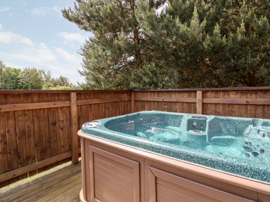 An outdoor hot tub on a wooden deck surrounded by a wooden fence and trees at Callow Lodge 5 in Beaconsfield Holiday Park
