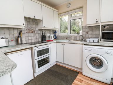 A kitchen with white cabinets a washing machine a double oven a microwave a kettle and a window at Peacehaven Rosecraddoc Lodge near Liskeard
