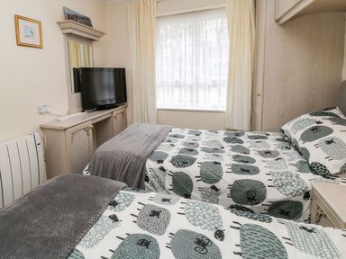 A bedroom with two beds patterned with sheep covers and a television on a cabinet near a window with curtains at Peacehaven Rosecraddoc Lodge near Liskeard