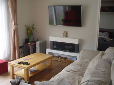 A living room with a beige sofa wooden coffee table television on the wall electric heater and flowers on a table at Peacehaven Rosecraddoc Lodge near Liskeard