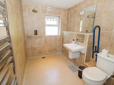 A bathroom with a walk-in shower sink toilet a window and a towel rail at Eden Lodge in Bardsea