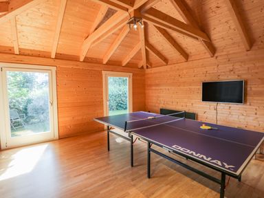 A wooden room with a table tennis table and a wall mounted television at Eden Lodge in Bardsea