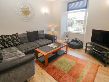A living room with a grey sofa coffee table television and a patterned rug at 48 Oak Street in Windermere