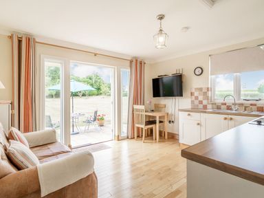 A living area with a sofa table and chairs next to kitchen counters and patio doors at Norbank Garden Studio in Bressingham