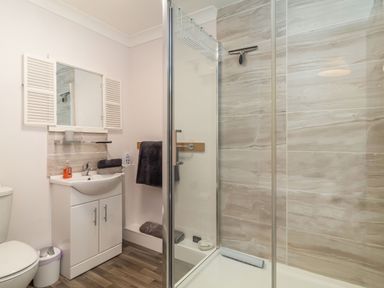A bathroom with a shower enclosure a sink with cabinet a mirror and a toilet at Norbank Garden Studio in Bressingham