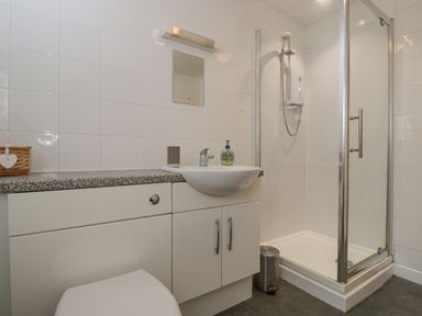 A bathroom with a shower cubicle a sink with a faucet and cabinets a small mirror and a soap dispenser at Roan Cottage Royal Wootton Bassett
