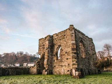 An ancient stone ruin with arched windows surrounded by grass and gravestones in a rural area at Rose Cottage in St Dogmaels near Cardigan