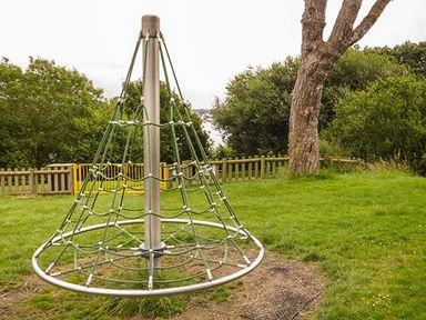 An outdoor playground climbing frame with a conical rope structure near a tree and wooden fence at Rose Cottage in St Dogmaels near Cardigan