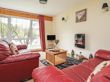 A living room with red leather sofas a wooden coffee table and a wall-mounted electric fireplace at 4 Manorcombe Honicombe Manor near Gunnislake