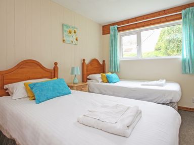 A bedroom with two single beds a bedside table with a lamp and a window with blue curtains at 4 Manorcombe  Honicombe Manor near Gunnislake