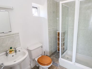 A bathroom with a sink a toilet with wooden seat a shower enclosure and a small storage unit at 1 Atlantic Haven in Llangennith