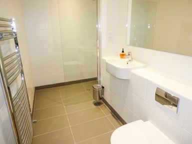 A bathroom with a wall-mounted sink mirror toilet and heated towel rail at Capel Dinorwig in Llanberis