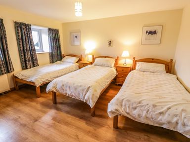 A bedroom with three single beds wooden bedside tables with lamps and patterned curtains at Bwthyn Fedwr Gog Maerdy near Bala
