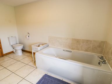 A bathroom with a bathtub toilet a basket on a small table and a blue rug on the floor at Bwthyn Fedwr Gog in Maerdy near Bala