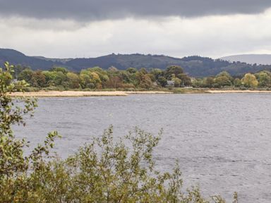 A lake with trees and hills in the background at Bwthyn Fed'wr Gog in Maerdy near Bala