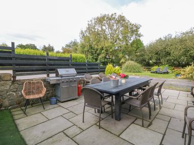 An outdoor patio area with a large dining table and chairs a barbecue grill and lounge chairs in the garden at Nant-yr-Rhedyn in Red Wharf Bay