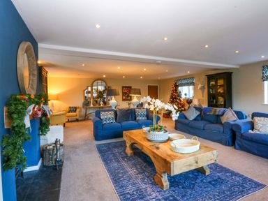 A living room with a Christmas tree and seating arrangements at Nant-yr-Rhedyn Red Wharf Bay