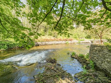 A river flowing beside a stone wall with green trees and branches overhead at No 7 in Spark Bridge near Ulverston