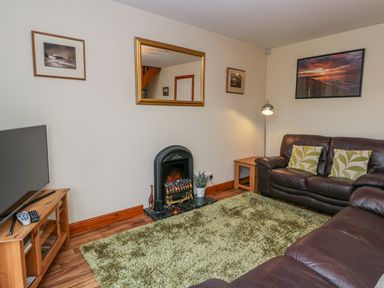 A living room with brown leather sofas green rug a wooden TV stand and a fireplace at Little Venice in Whitby