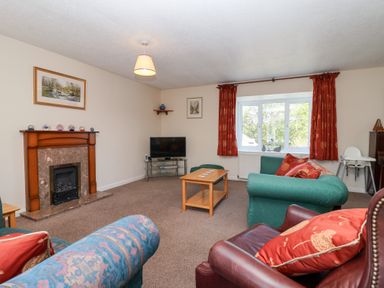 A living room with sofas a fireplace a television and a window with red curtains at Moorside in Horrabridge near Tavistock