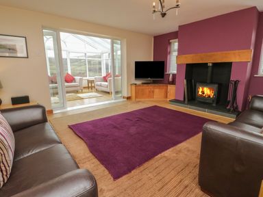 A living room with two brown leather sofas a purple rug a fireplace with fire and a TV at Bryn Derw Holiday Cottage in Eglwysbach near Llanrwst and Conwy