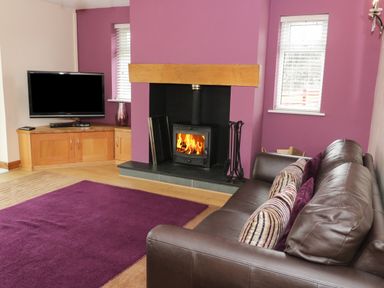 A living room with a brown leather sofa, purple cushions, a fireplace with fire, two windows, a purple rug, and a television on a wooden cabinet at Bryn Derw Holiday Cottage in Eglwysbach near Llanrwst and Conwy