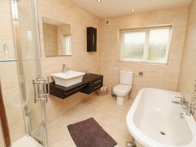 A bathroom with a shower enclosure sink with mirror toilet carpet and bathtub at Bryn Derw Holiday Cottage in Eglwysbach near Llanrwst and Conwy