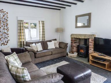 A living room with two sofas a window with curtains a fireplace and a television at The Nook in Bowness-On-Windermere