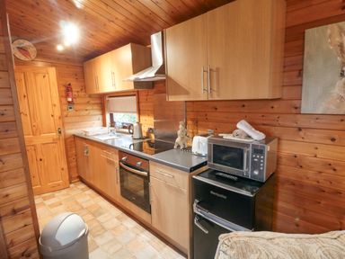 A kitchen with wooden cabinets a stovetop an oven a microwave a small fridge and a kettle at Hawthorne Lodge in Liverton near Danby