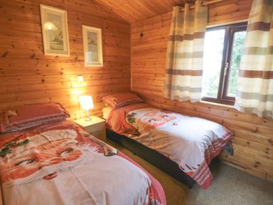 A bedroom with two single beds with Santa face bedding a nightstand with a lamp and a window with striped curtains at Hawthorne Lodge in Liverton near Danby