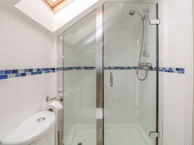 A bathroom with a glass-enclosed shower and toilet with a roll of toilet paper at Atlantic Reach in Widemouth Bay