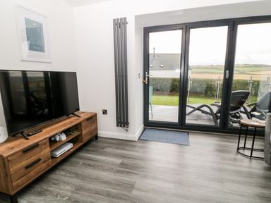 A room with a television on a wooden stand a gray vertical radiator and glass doors leading to an outdoor area with chairs and a lawn at Atlantic Reach in Widemouth Bay