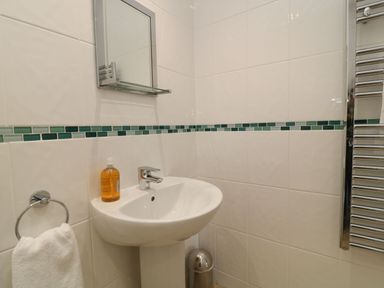 A bathroom sink with a soap dispenser a towel ring with a towel a trash bin a wall mirror and a heated towel rail at Atlantic Reach in Widemouth Bay