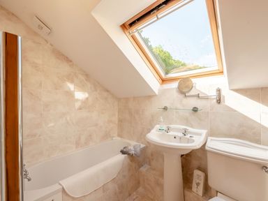 A bathroom with a bathtub a sink a toilet and a skylight window at Cwmdu Cottage in Cwm-Cou near Newcastle Emlyn