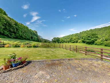 A fenced grassy yard with potted plants and surrounding trees at Cwmdu Cottage in Cwm-Cou near Newcastle Emlyn