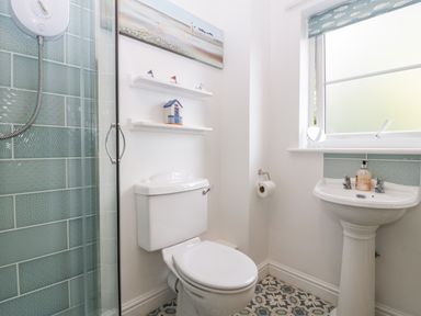 A bathroom with a toilet a pedestal sink a shower with blue tiles and decorative shelves on the wall at Hurst Green in Ewyas Harold near Hereford