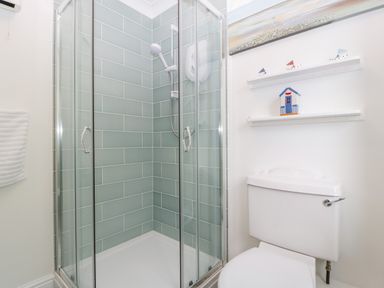 A bathroom with a glass shower enclosure green tiled walls a white toilet and decorative shelves with small items at Hurst Green in Ewyas Harold near Hereford