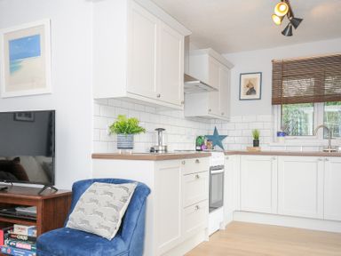 A kitchen with white cabinets wooden countertops a blue chair with a cushion and a television on a wooden stand at No 1 The Heathers Rosecraddoc Lodge near Liskeard