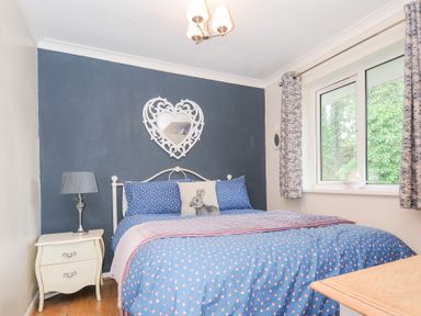 A bedroom with a bed a bedside table with lamp and a window at No 1 The Heathers Rosecraddoc Lodge near Liskeard