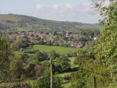 A village with houses and green fields surrounded by hills and trees at Goathland Cottage in Ruswarp near Whitby