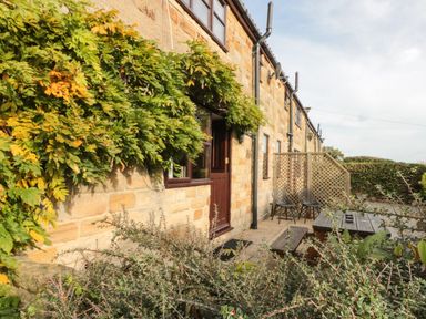 The exterior of a stone cottage with a wooden door and windows a wooden picnic table two chairs and green plants at Goathland Cottage Ruswarp near Whitby