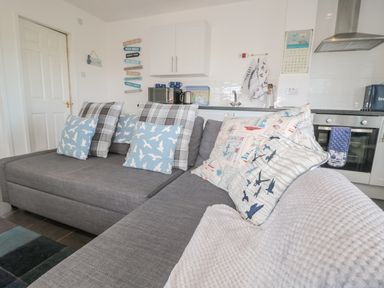 A grey sofa with patterned cushions in a kitchen living area at Bracken Barn Cottage in Widdrington near Amble