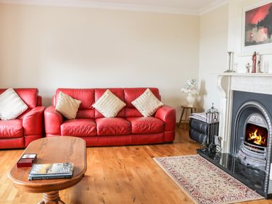 A living room with red sofas a wooden coffee table a fireplace and a small rug at McGuire's Cottage in Barnatra County Mayo