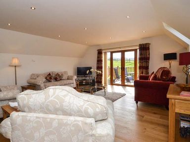 A living room with sofas armchairs a television and glass doors leading to a patio at Brynhir Farm in Howey near Llandrindod Wells